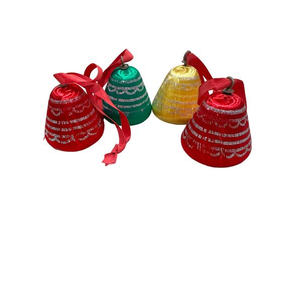 Nostalgic VTG Satin Wrapped Bell Christmas Ornaments Set 4 Glitter Mid Century - Picture 1 of 3